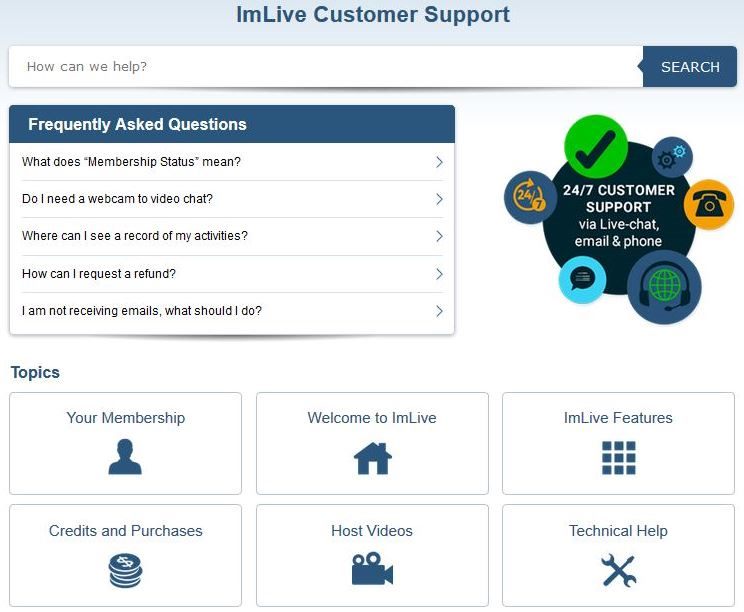 ImLive tries to push you to the FAQ's first Screenshot of the support section on ImLive