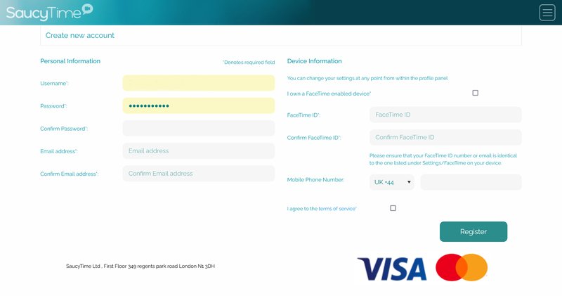 SaucyTime's mobile sign up is easy SaucyTime's registraton process is swift and secure