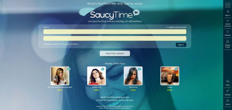 SaucyTime uses FaceTime for cam2cam sessions SaucyTime offers live FaceTime cam2cam sessions